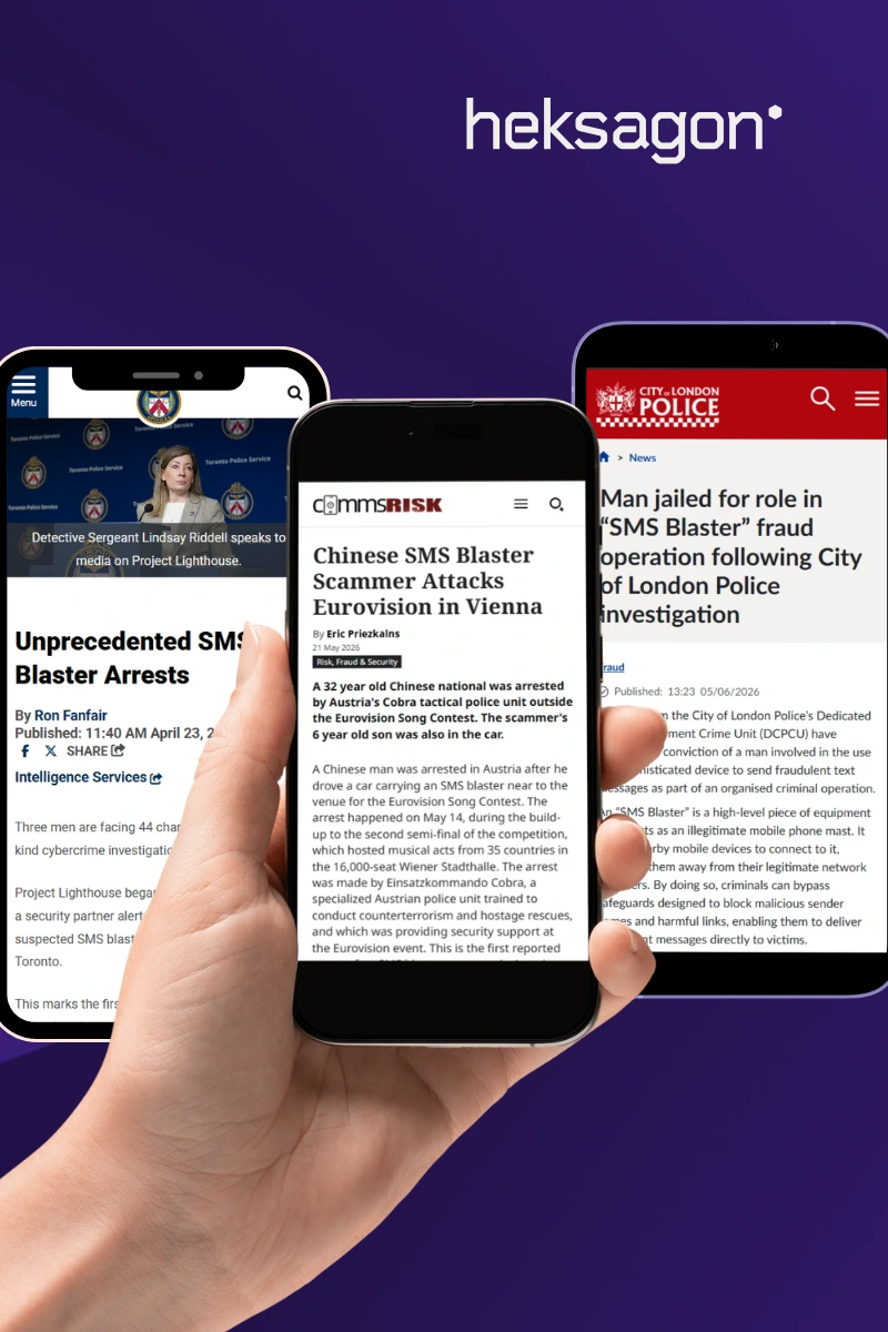 Heksagon branded image showing screenshots from the news articles covering recent SMS Blaster events.