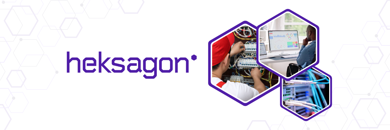 Banner image featuring the Heksagon logo alongside hexagonal frames displaying field engineering, network data analytics, and server room infrastructure.