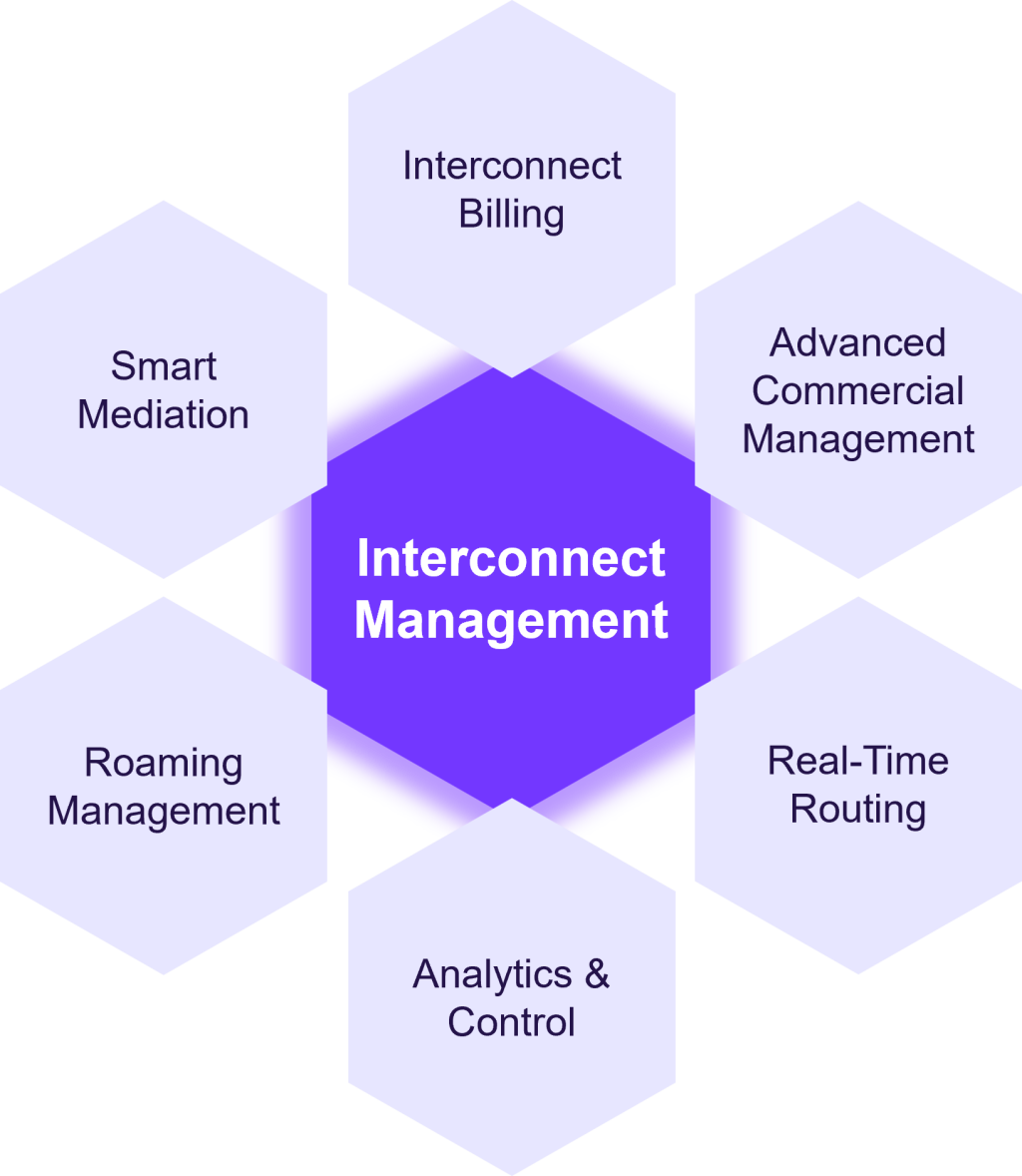 Hexagonal module diagram displaying Interconnect Management at the center, surrounded by six core pillars: Interconnect Billing, Advanced Commercial Management, Real-Time Routing, Analytics & Control, Roaming Management, and Smart Mediation.