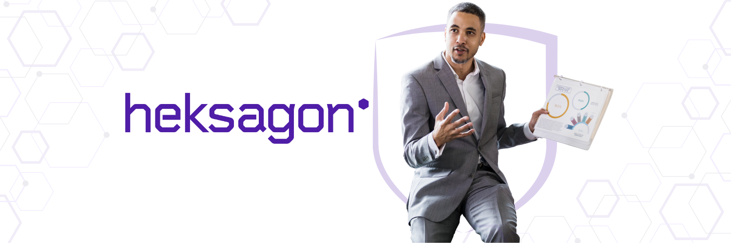 Heksagon banner featuring the company logo alongside a professional in a suit presenting performance report charts in front of a shield icon. This represents Call Verification Services for Enterprises.