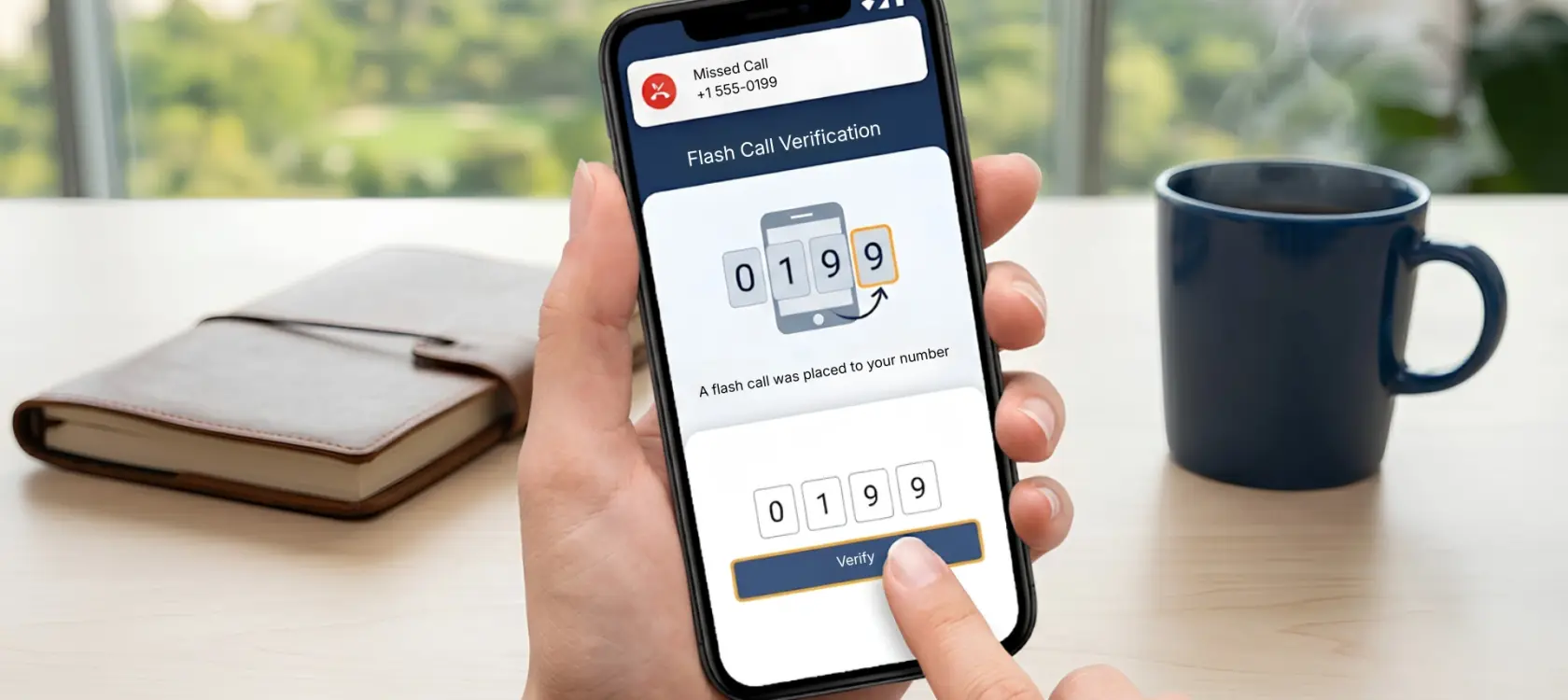 Hands holding a phone in a business or office setting, with a journal and a coffee cup on the table. The phone screen is displaying a flash call OTP procedure where a missed call carries 4 last numbers that are actually used for in-app OTP verification.
