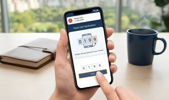 Hands holding a phone in a business or office setting, with a journal and a coffee cup on the table. The phone screen is displaying a flash call OTP procedure where a missed call carries 4 last numbers that are actually used for in-app OTP verification.