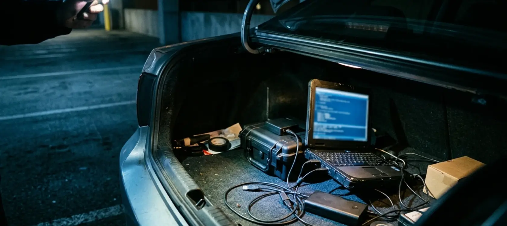 Dark car trunk at night containing a hidden electronics kit with antenna, battery pack, and laptop, representing an SMS blaster rogue base station used in telecom fraud attacks.