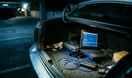 Dark car trunk at night containing a hidden electronics kit with antenna, battery pack, and laptop, representing an SMS blaster rogue base station used in telecom fraud attacks.