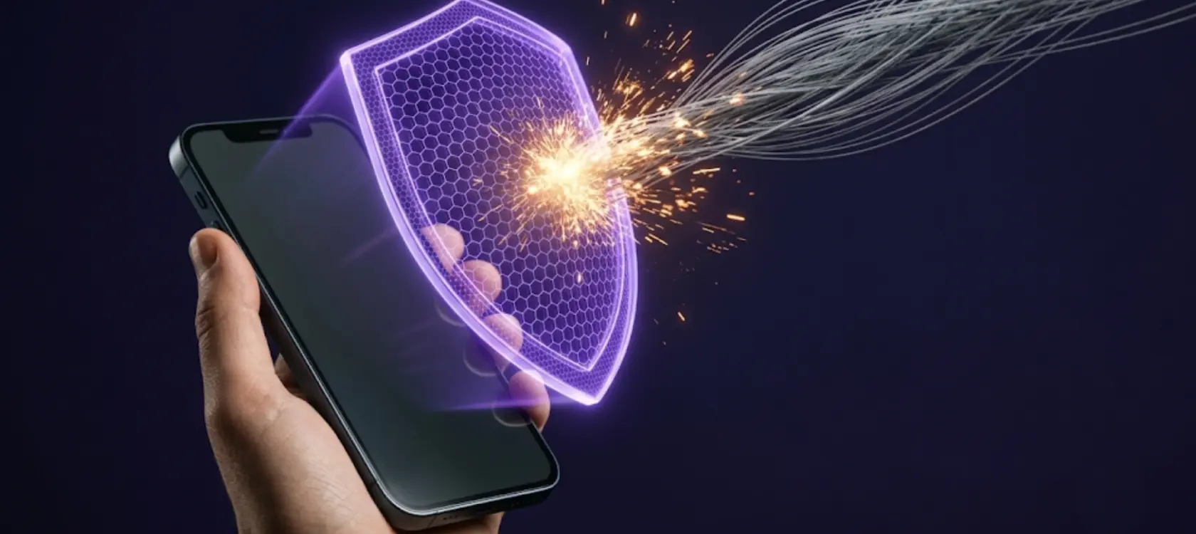 Hero illustration showing a smartphone protected by a glowing purple digital shield deflecting an incoming stream of connections and sparks.