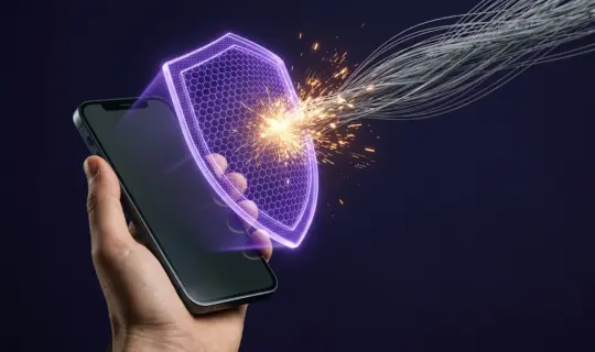 Hero illustration showing a smartphone protected by a glowing purple digital shield deflecting an incoming stream of connections and sparks.
